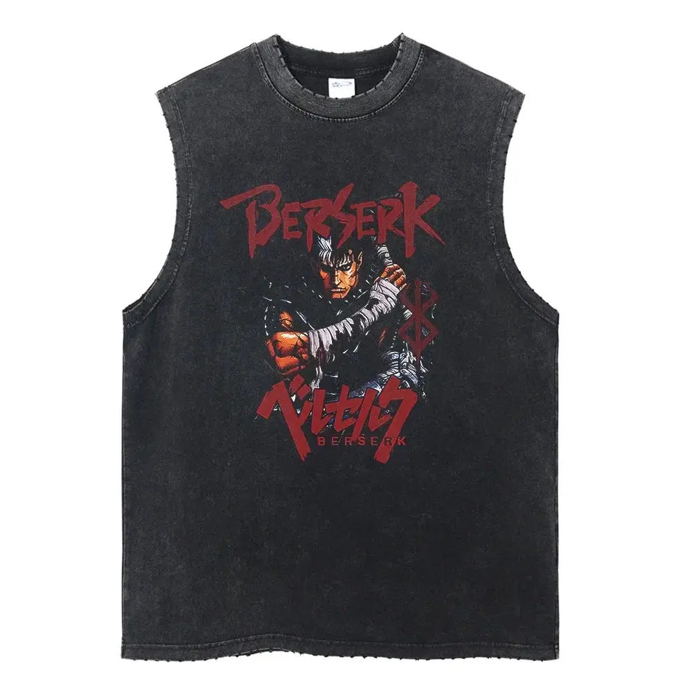 Berserk Anime Print Vest Summer Cotton Vest Mens Washed Retro Sleeveless T-Shirt Ins 250219