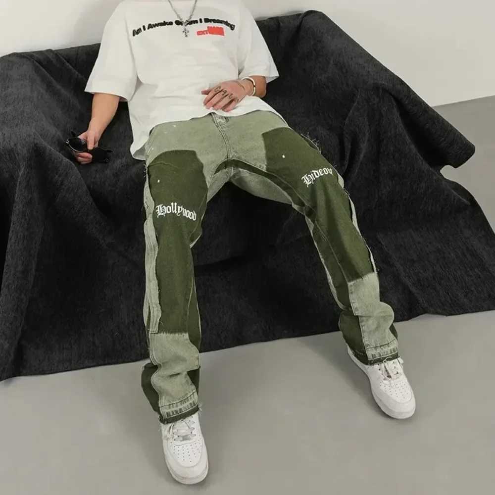 European and American high street mens washed jeans retro personalized straight-leg splicing flared pants trendy denim trousers X250220