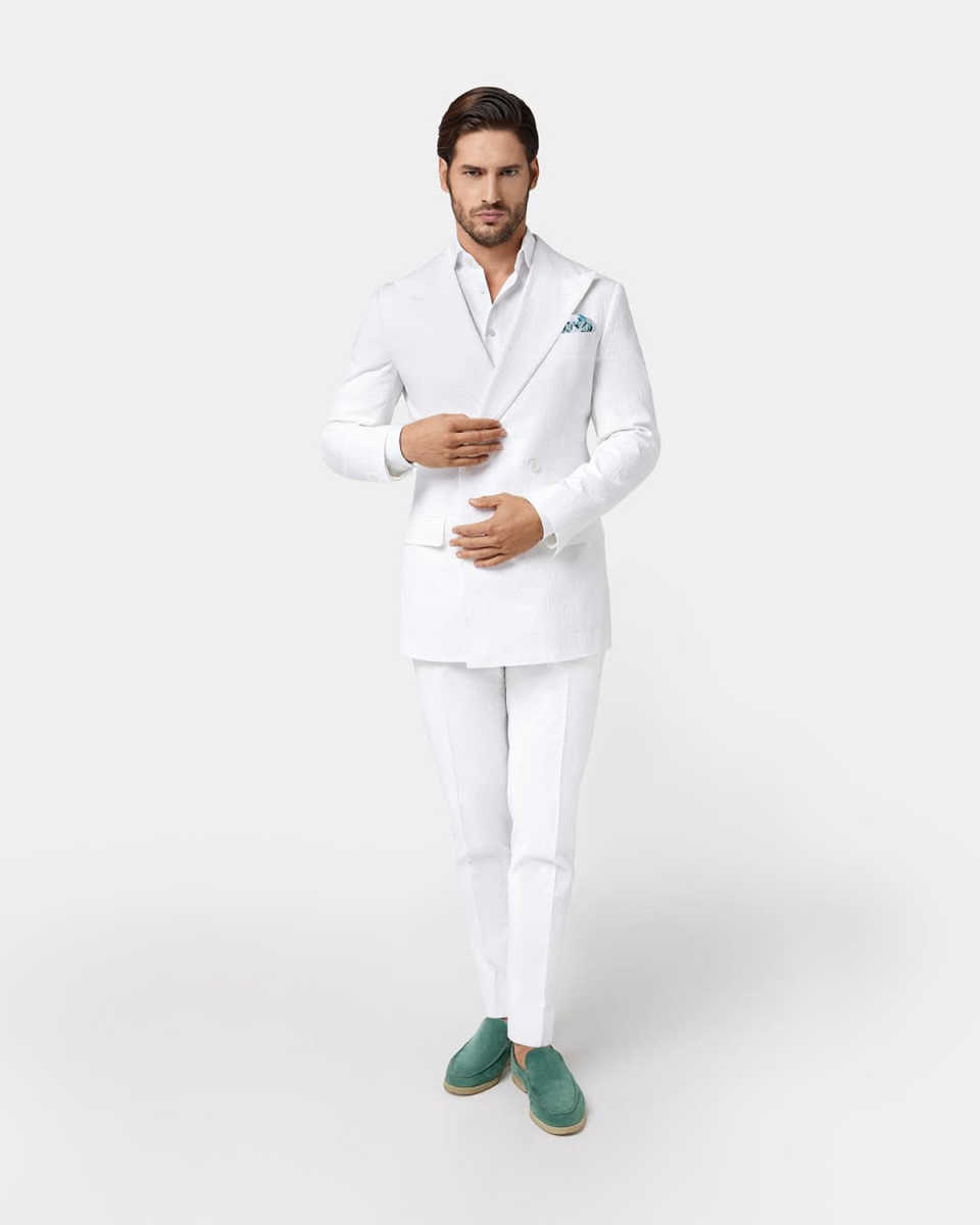White Men Wedding Tuxedos Customized Double Breasted Peaked Lapel Business Groom Pants Suits Fashion Show Wear 2 Pieces