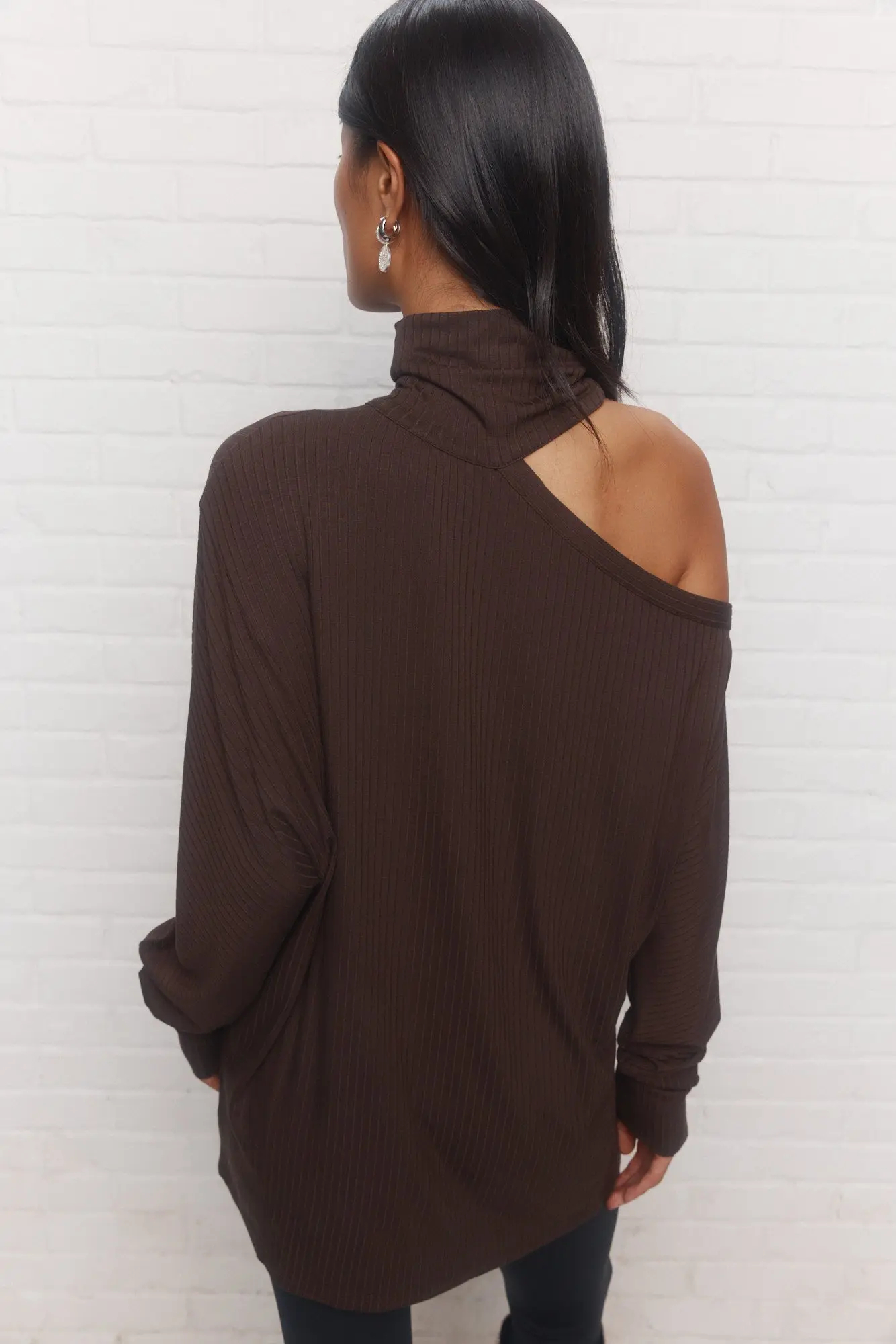 Stylish Ribbed Stretch Fabric Dark Brown High collar Sweater Top with asymmetrical shoulder opening