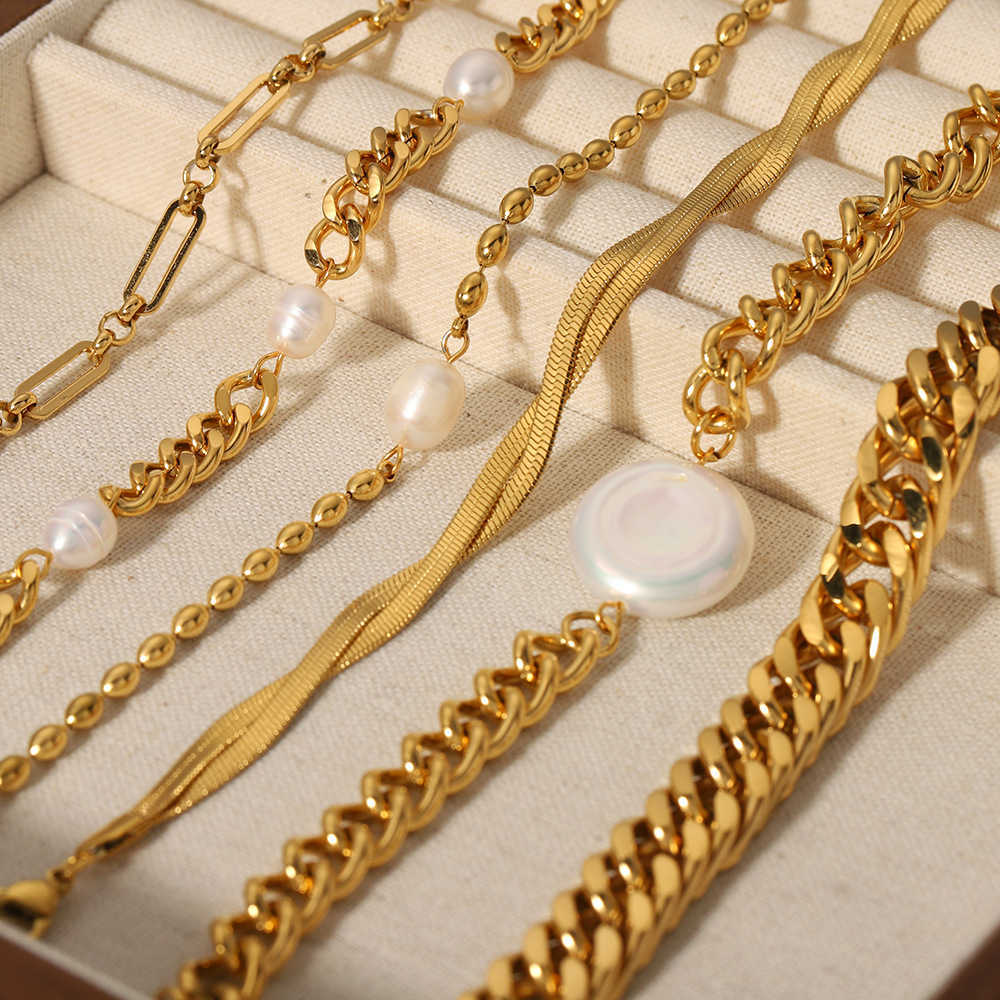 Charm Bracelets Cuban chain double-layer flat snake chain pearl style beach style gold-plated shell OT buckle cross bracelet H25220