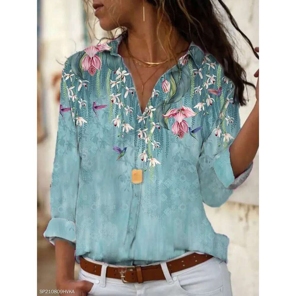 Fashion Casual Printed Elegant Long-Sleeved Woman Shirt All-Match Loose Top
