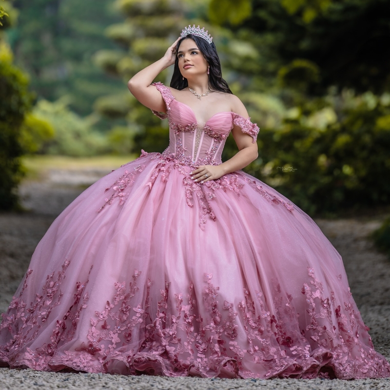 Pink Shiny Quinceanera Dresses Ball Gown Off The Shoulder Bow Beading Crystal Tull Party Birthday Sweet 16 Dress Vestidos 15 De XV