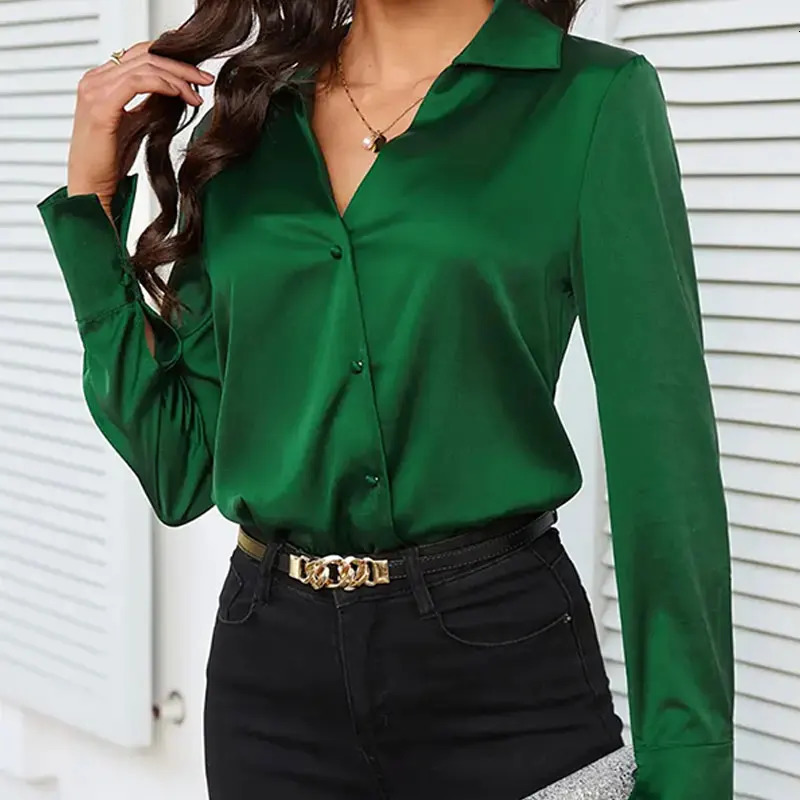 Trend Fashion Women Casual Elegant Satin Long Sleeved Shirt Office Womens Shirts And Blouses Slim Femal Clothes Green Like Silk 250219