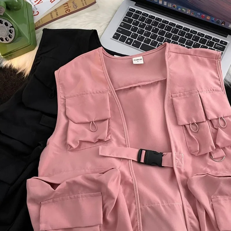 Vests Women Solid Pockets All-match Special Unisex Simple Cool Japanese Style Leisure Vintage Attractive Spring Students Young 250219