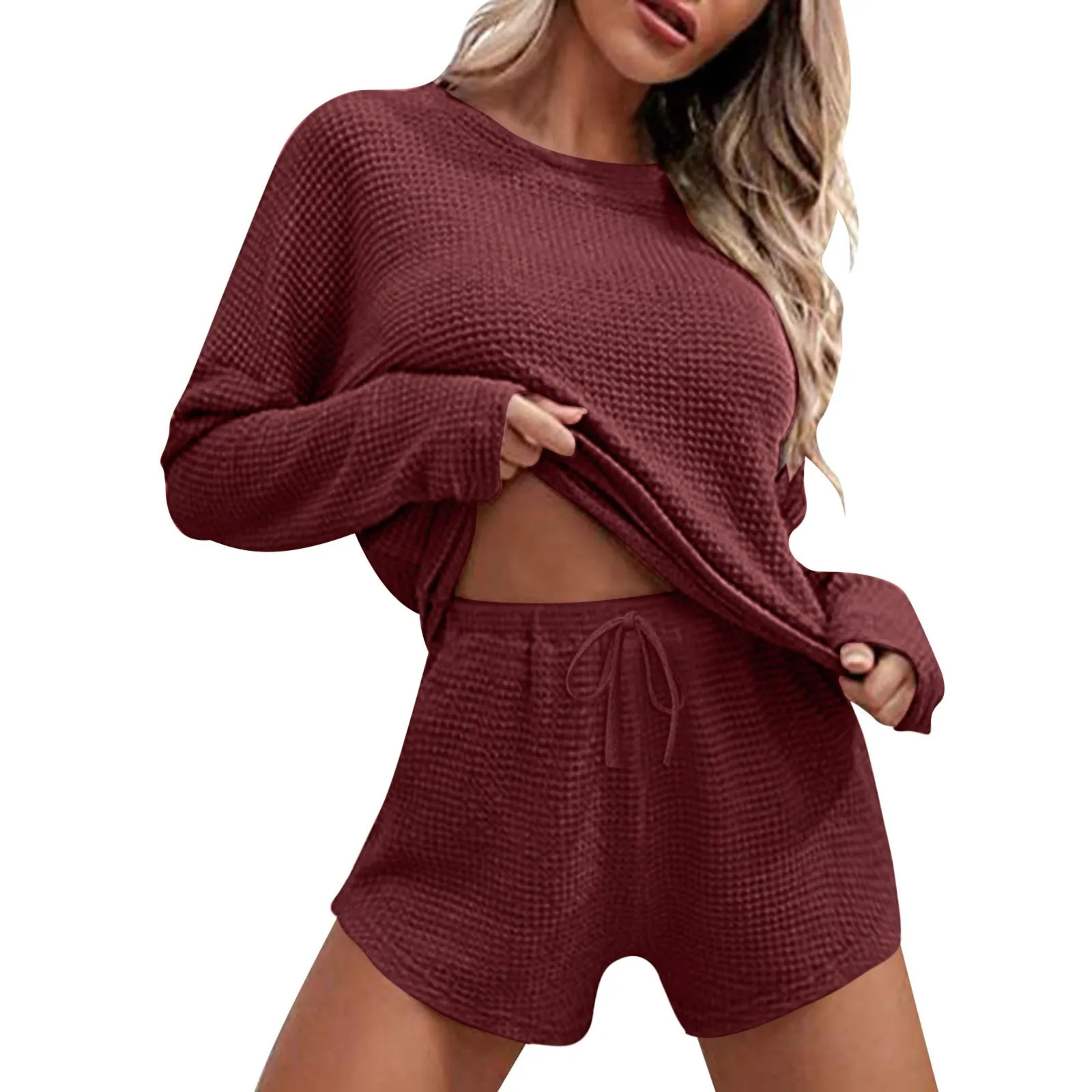 In Matching Sets Womens Knitted Pajamas Suit Long Sleeved Top And Shorts With Sets For Women 2 Pieces Elegant 250219