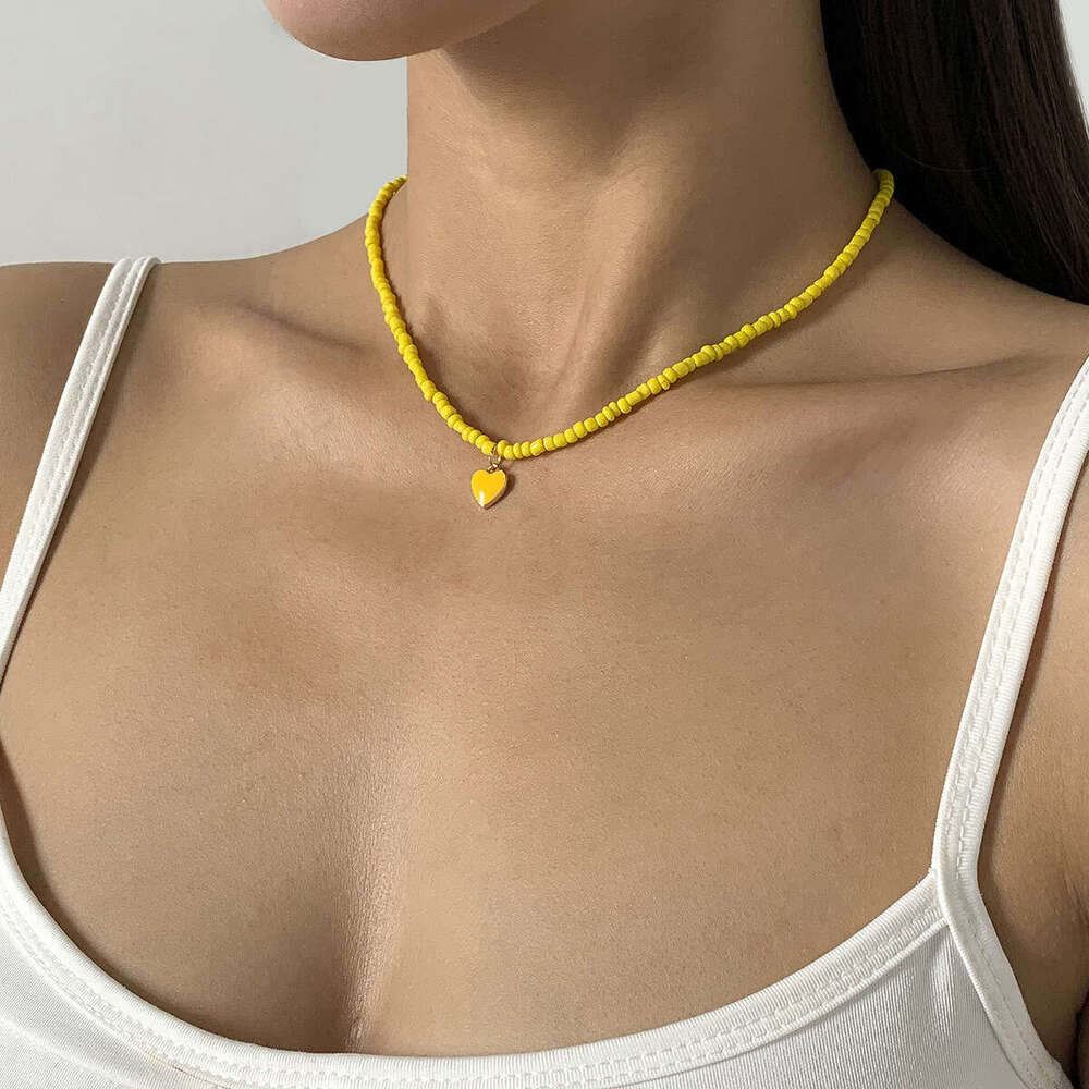 Jewelry Drops Oil Peach Heart Simple Rice Beads Handmade Geometric Stacked Beaded Necklace