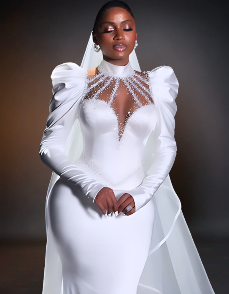 Black Women Mermaid Wedding Dresses High Neck Long Sleeve Appliques Bridal Gowns Dress Customized Beads Vestio De Novia