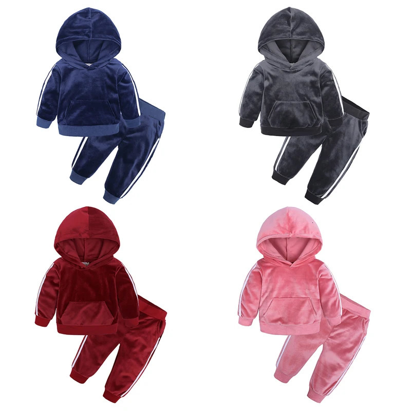 2025 Toddler Kids Hoodies Sweatshirt Set Solid Velvet Spring Autumn Baby Boy Girl Tracksuit Clothes For Children Sports Outfits 250220