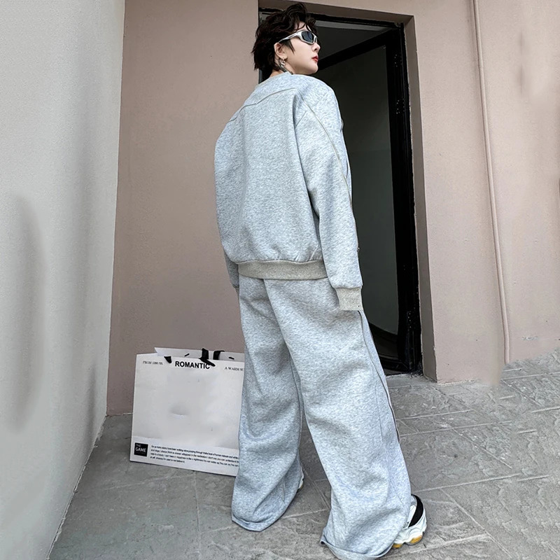PFNW Mens Two-piece Set Round-neck Long Sleeve Pullover Sweatshirt High Street Wide Leg Pants Zippered Sets 9C4234 250220