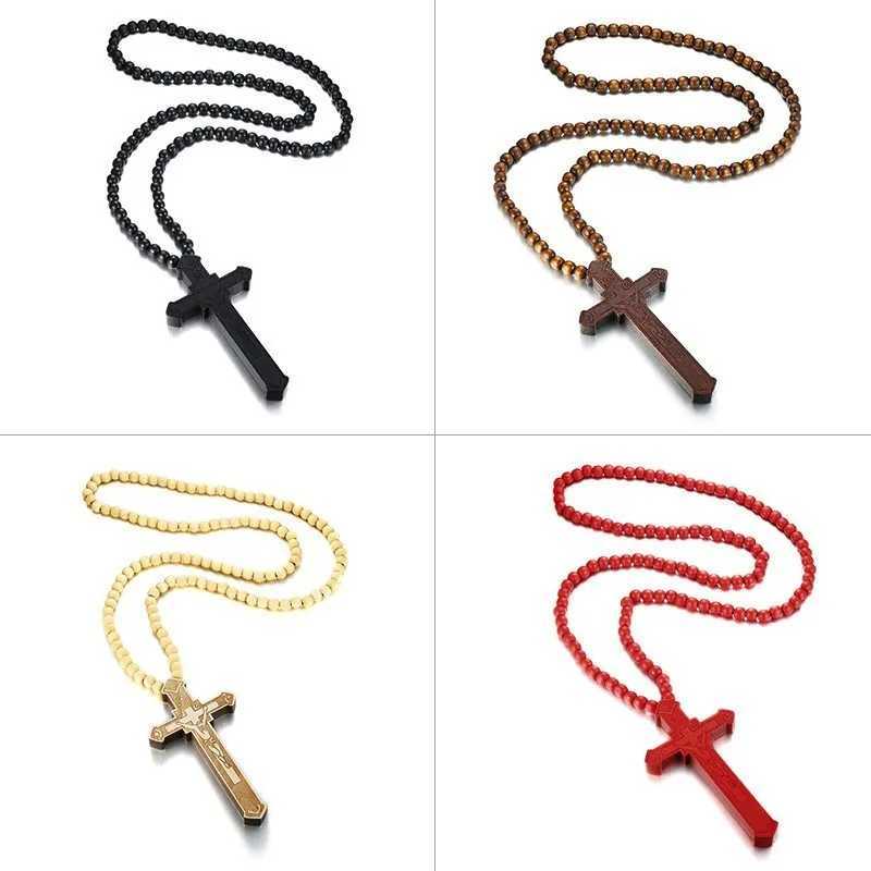 Vnox 36 Long Rosary Necklace Large Wood Jesus Christ Cross Pendant With Wooden Beads Sweater Chain Male Collier Statement JewelXJ250219