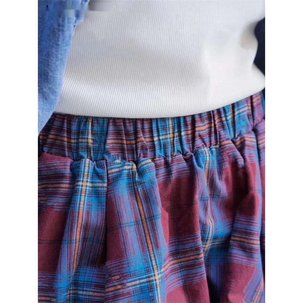 2025 Spring Summer Workwear Folding Grid Mini Reduced Age 100% Cotton Plaid Skirt Red Blue/Orange Blue