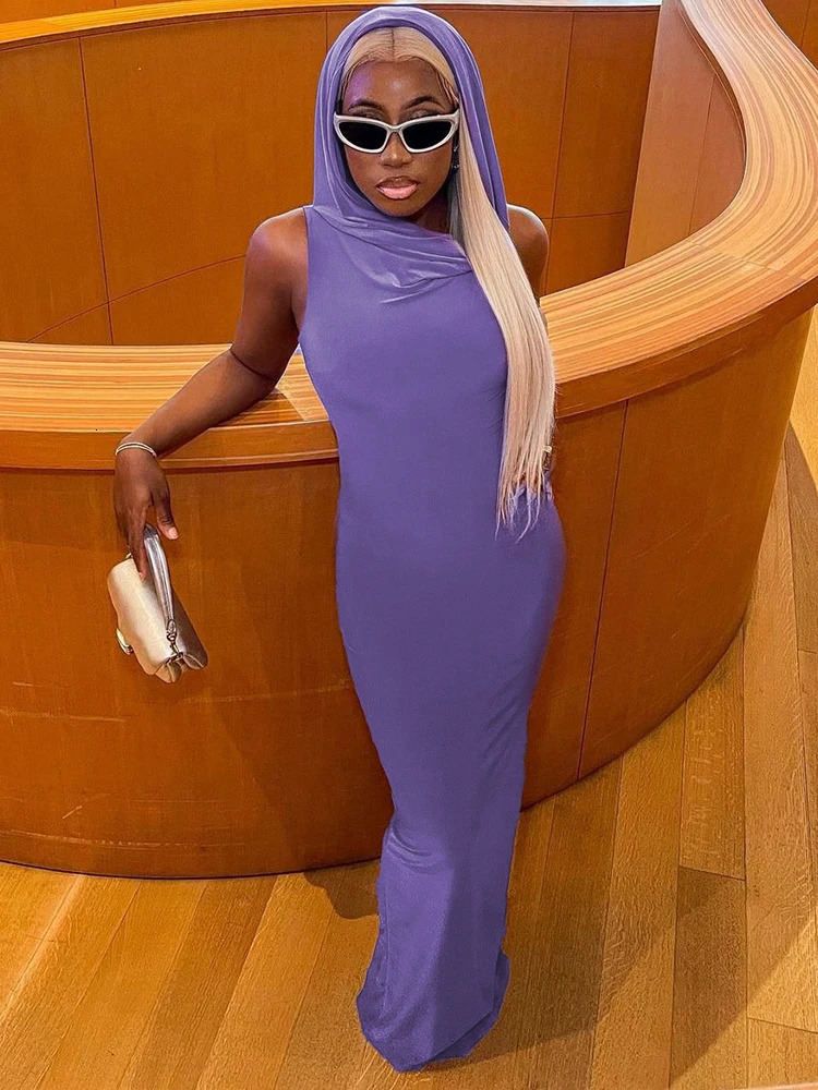 Hugcitar Solid Hoodies Sleeveless Slit Sexy Slim Maxi Dress Summer Women Fashion Y2K Clothes Streetwear Party Casual Biker 250219