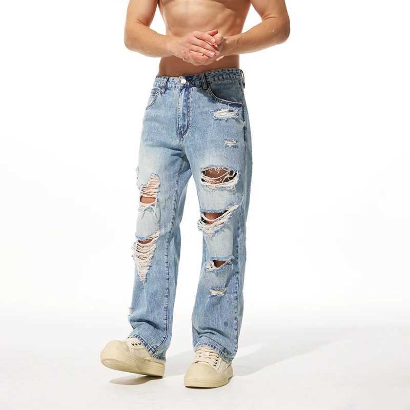 Mens streetwear fashion casual plus size ripped denim straight ribbed jeans Cityboy Baggy jeans Trouser 40 38 X250220