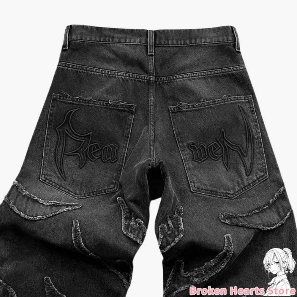 Heavy Primal Etch Ripped Washed Denim Jeans Mens Y2k Pants Streetwear Patchwork Baggy Sweatpants Straight Wide Leg Trousers X250220