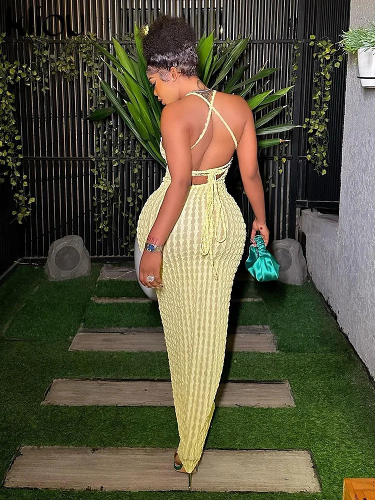 Kliou Solid Ruched Spaghetti Strap Bandage Maxi Dress Women Casual Sleeveless Backless Bodycon Ladies Party Streetwear Dresses 250219
