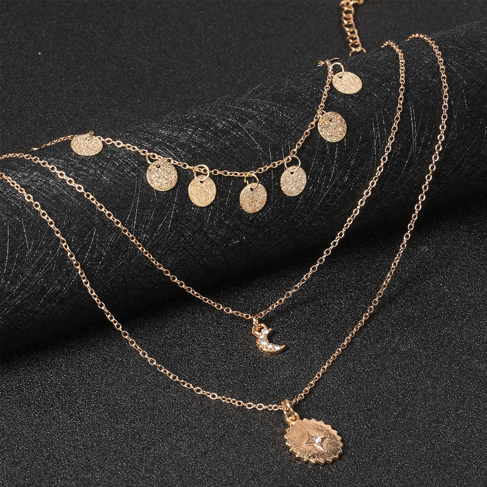 Pendant Necklaces Bohemia new fashion personality inlaid diamond moon sun small disc pendant multilayer Necklace H25219