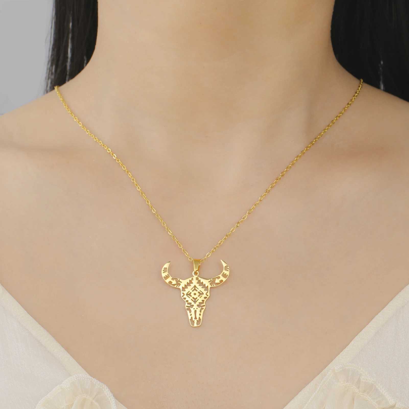 Unift Stainl Steel Bull Head Necklaces for Women Teen Strength Power Spiritual Animal Pendant Punk Hip Hop Statement JewelryXJ250219