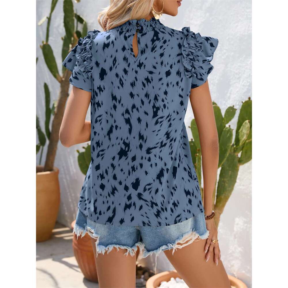 Spring Summer Casual Round Neck Wooden Ear Ruffled Leaf Sleeves Leopard Print Shirt Women Vacation Blouse