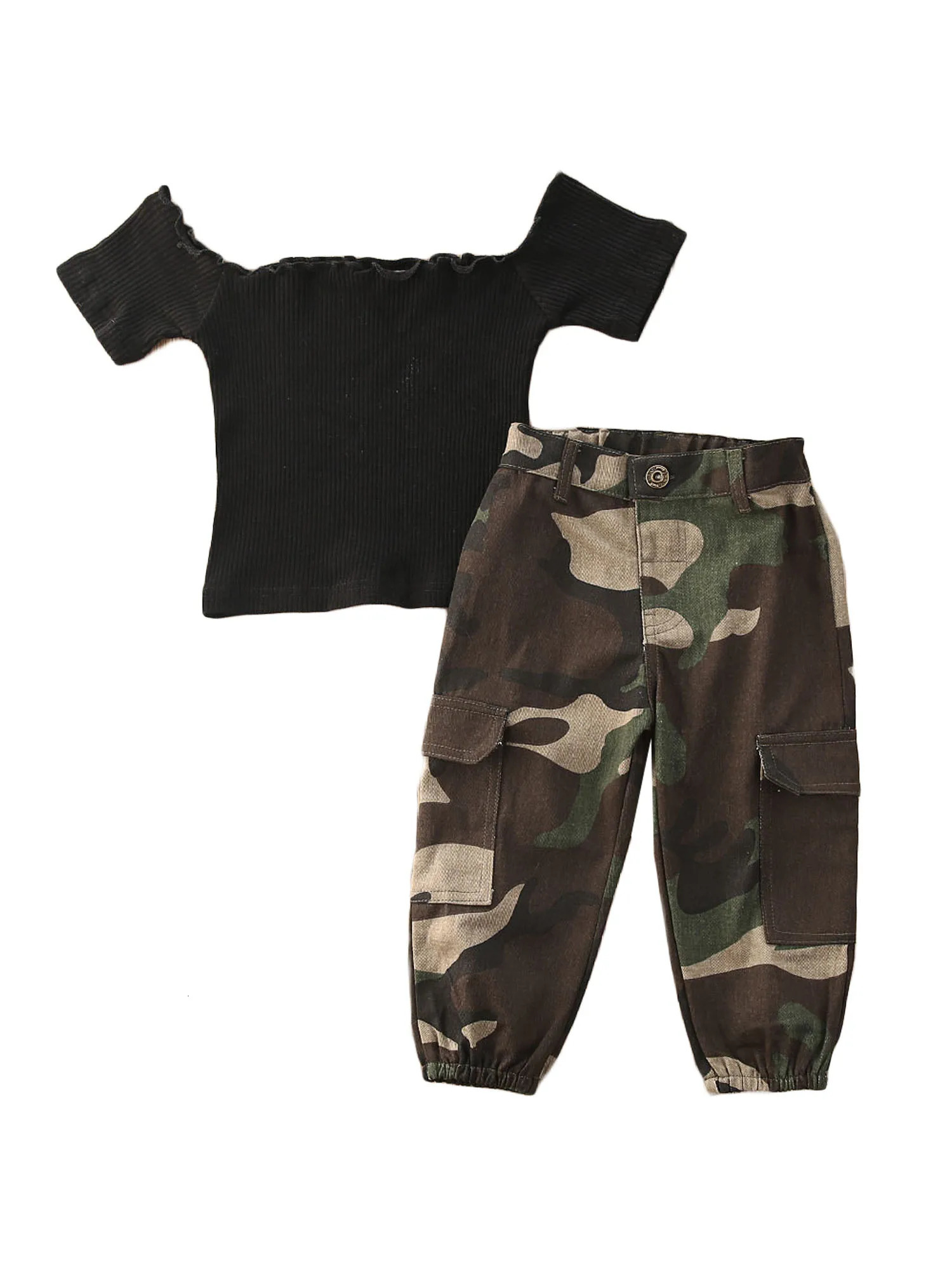 2Pcs Toddler Girl Outfit Set Boat-Neck Crop Top with Short Sleeves and Camouflage Pants for Summer Wear 250219