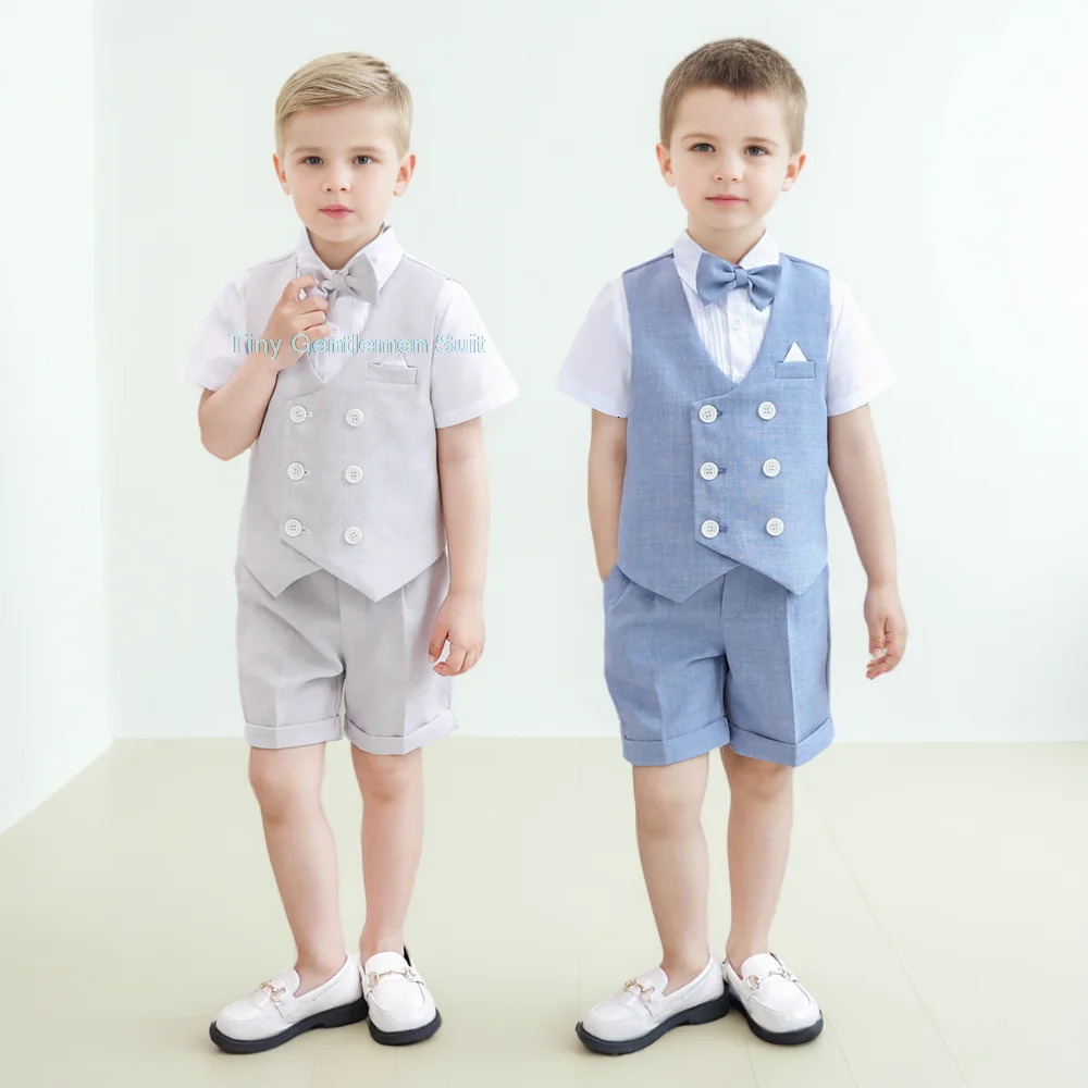 Childrens Summer Vest Suit Set Kids Fashion Wedding Host Birthday Pography Costume Kids Waistcoat Shorts Bowtie Outfit 250219