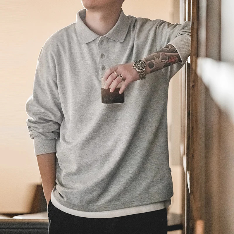 Maden Spring Vintage Oversize Polo Shirts for Men Business Casual Solid Color Long Sleeve T-shirt Stylish Lapel Plain Tops 250219