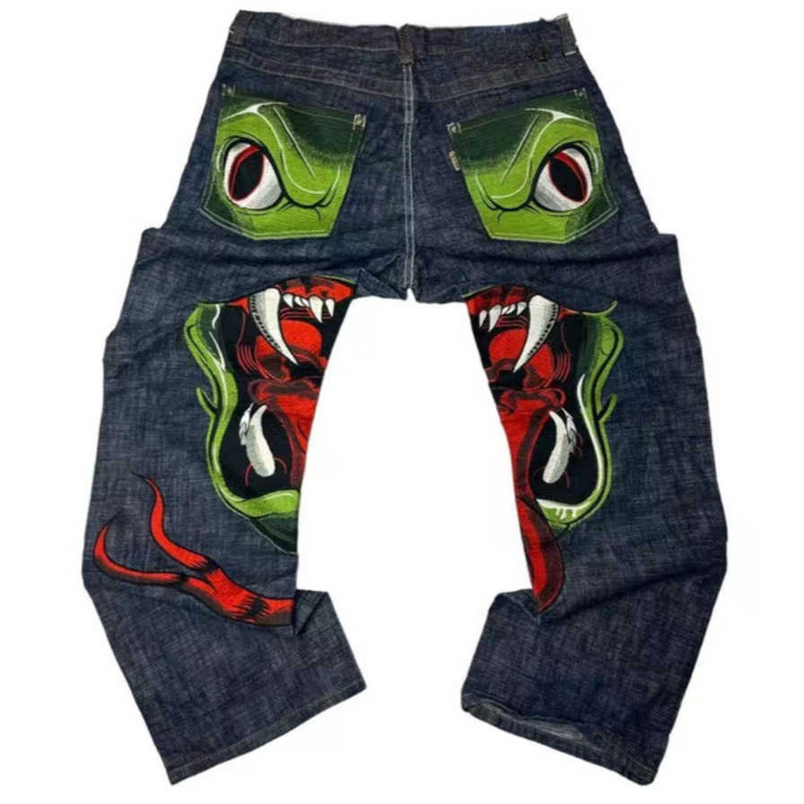 Women's 2023 American Street Graffiti Cartoon Printed Jeans Mens Trendy Funny Fashion Straight Wide Leg Pants H25220 Z260313