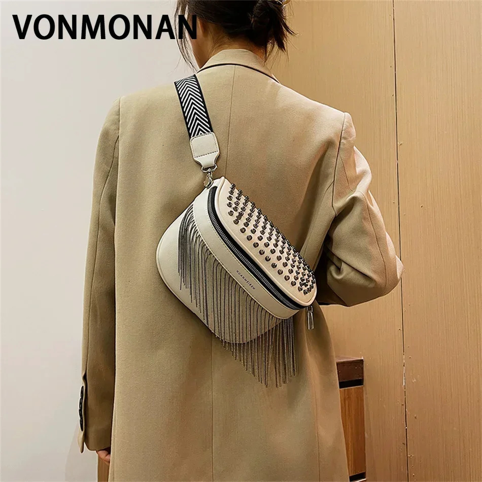 Luxury Woman Chest Bag Fashion Tassel Leather Large Capacity Crossbody Sling Women Waist Casual Rivet Design Travel Sac 250219
