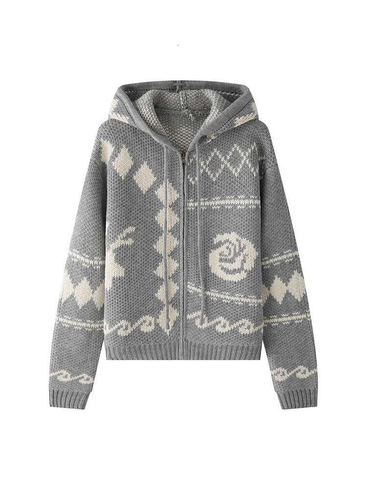 Hooded Plaid Knit Cardigan Women's Long Sleeve Thick Warm Drawstring Design Coats 2024 Winter New 26C1130