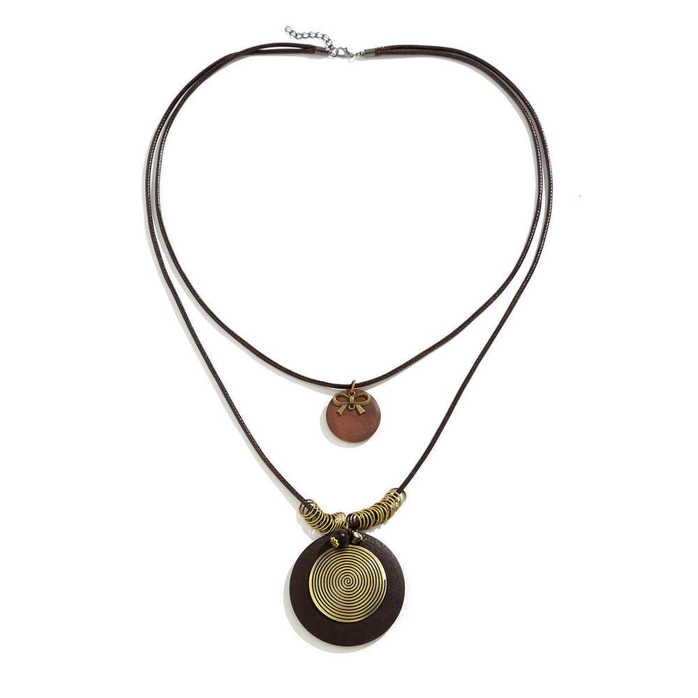 Round wood piece necklace, versatile for women, ethnic style, long beaded wax thread sweater chain, couple accessories