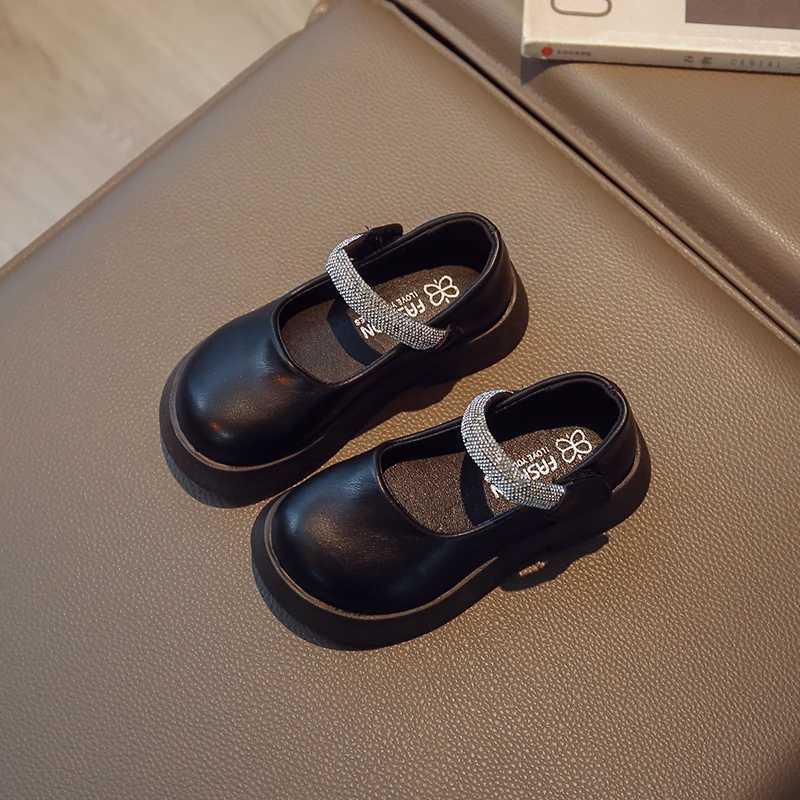 Luxury Girls Mary Janes Crystal Glitter Black Beige Fashion Children Leather Shoes Chunky Round Toe 26-37 School Kids Shoes X250220