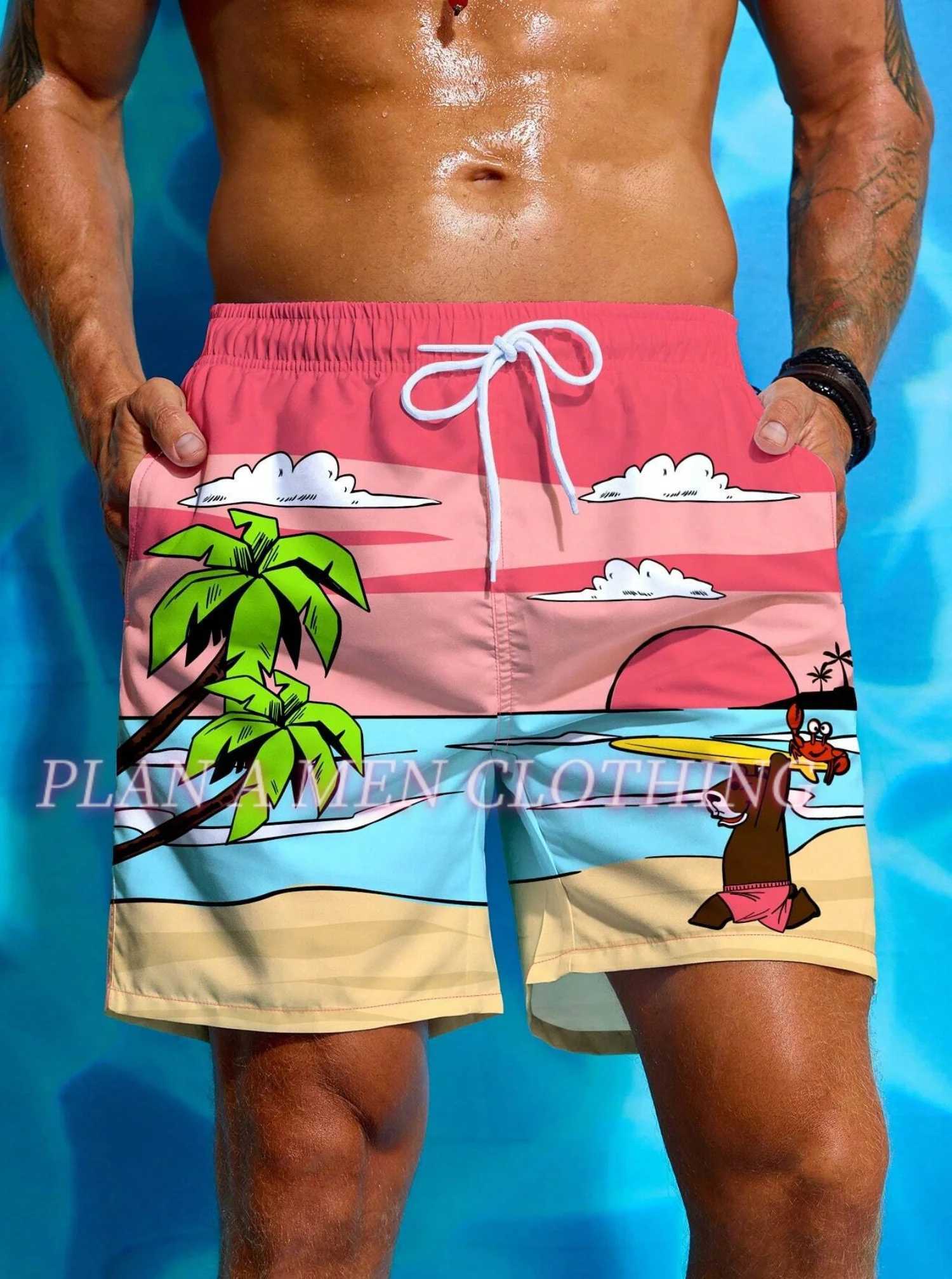 Summer Men Bear Print shorts Outdoors Exercise Adult Beachwear Hawaii Casual vacation shorts and surfing shorts men clothing X250220