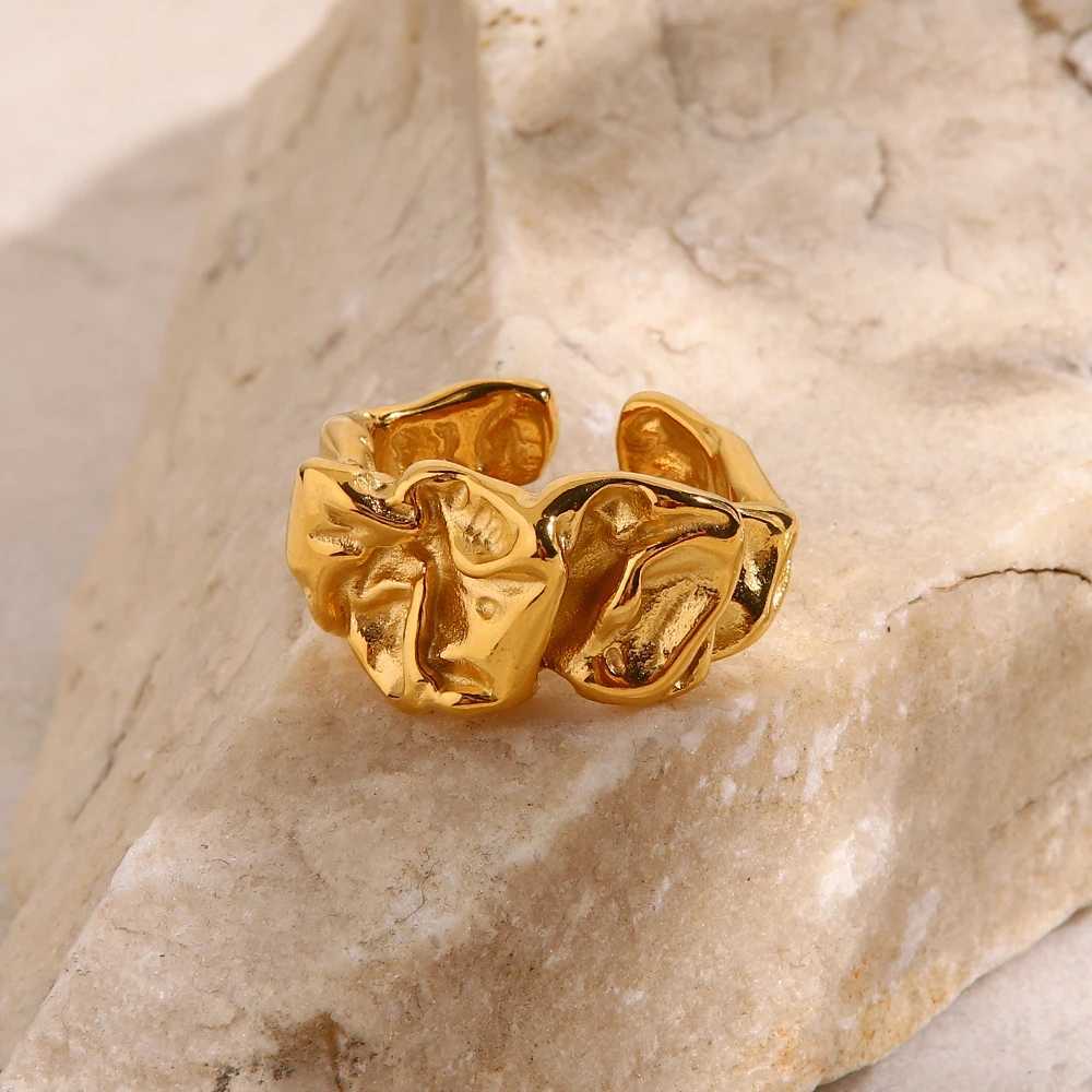 World Wide Crumpled Tin Foil Style Ring Chunky Gold Stackable Dainty Texture Metal 18 K Plated Statement Trendy Jewelry X250220