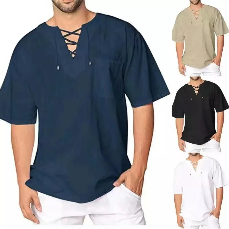Plus Size Mens Tee Shirt Solid Tops Pullover V Neck Lace-up Loose Top Summer Holiday Beach Casual Half Sleeve Tops Linen Top 250219