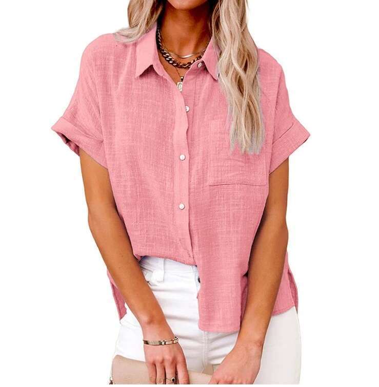 Women Pure Color En Shirt Short Sleeve Casual Loose Fit Blouse Fresh Sweet Style Polyester Fabric Available In Multiple Sizes