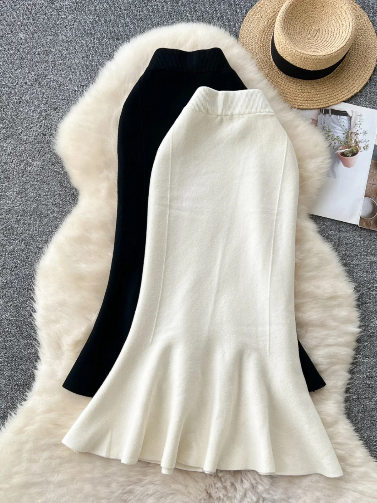 High Waisted Vintage Knitted Skirt Women Ruffled Slit Fishtail Office Midi Skirts Autumn Winter Woolen 250220