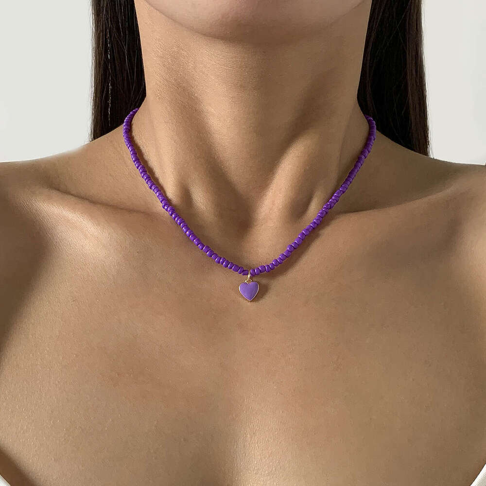 Jewelry Drops Oil Peach Heart Simple Rice Beads Handmade Geometric Stacked Beaded Necklace