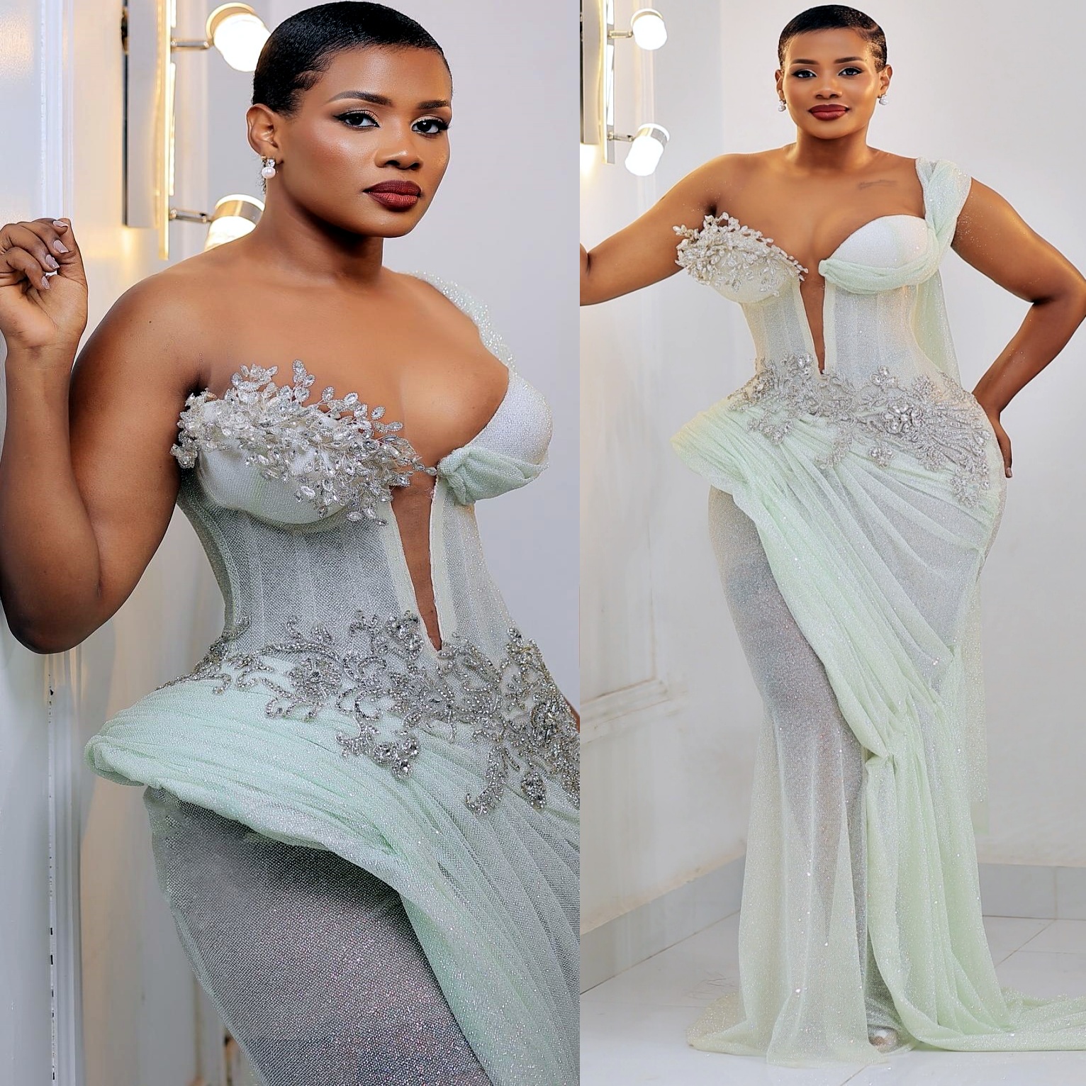 Mint Mermaid Prom Dresses 2025 Crystals Sequined One Shoulder Evening Formal Party Second Birthday Engagement Gowns Plus Size Dress For Special Ocns