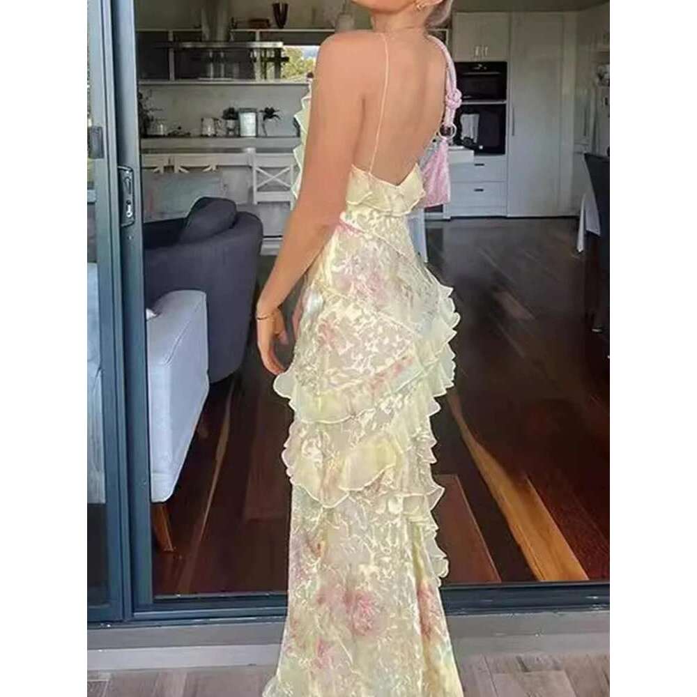 Sexy Deep V-neck Sleeveless Suspender Women's Elegant ral Print Ruffled Party Fashion Hight Waist Bohe Long Dress