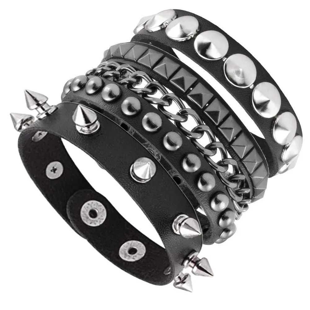 New 3PCS/Set Black Goth Emo Boho Bracelets For Men Women Punk Gothic Spike Rivets PU Leather Bracelet Bangles Party Jewelry GiftXJ250219