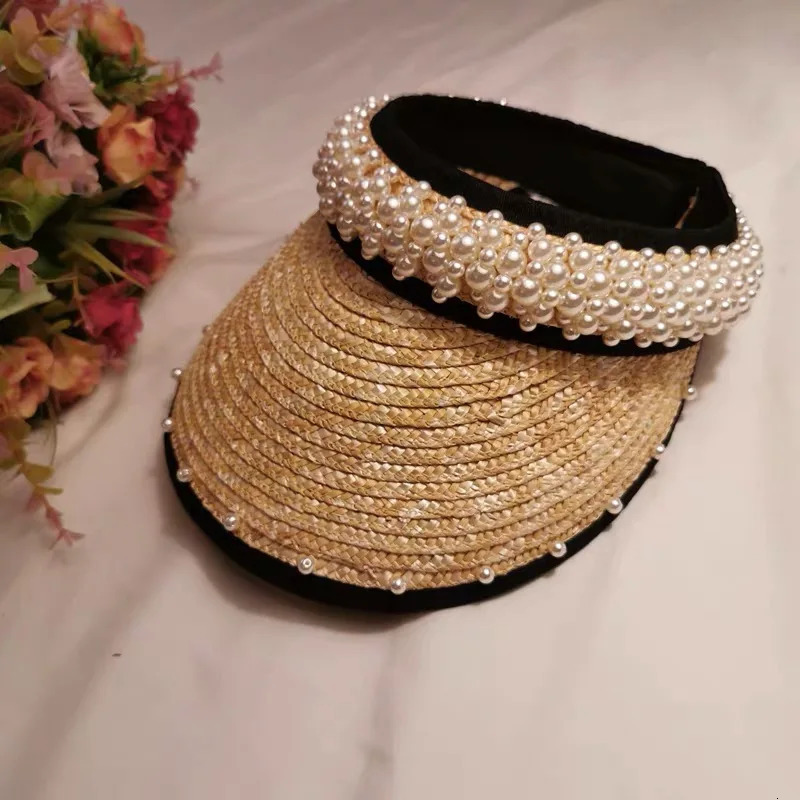 Elegant Handmade Wheat Straw And Pearl Empty Straw Sun Hats For Female Summer Sunshade Korean Seaside Beach Visor Visera Hat 250219
