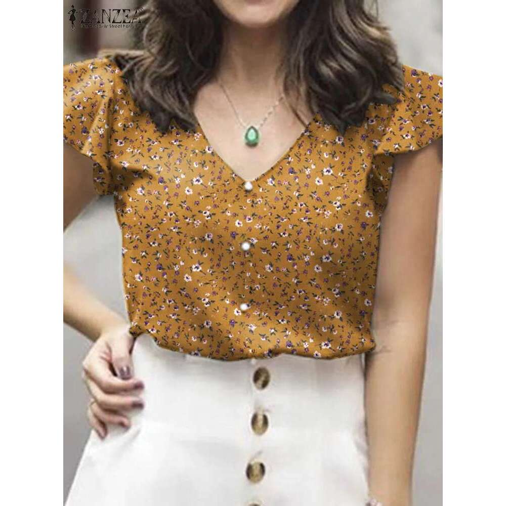 2024 ZANZEA Summer Women V Neck Short Sleeve Tops Casual Bohemian Ral Printed Blouse Holiday Beach Shirt Female Work Blusas