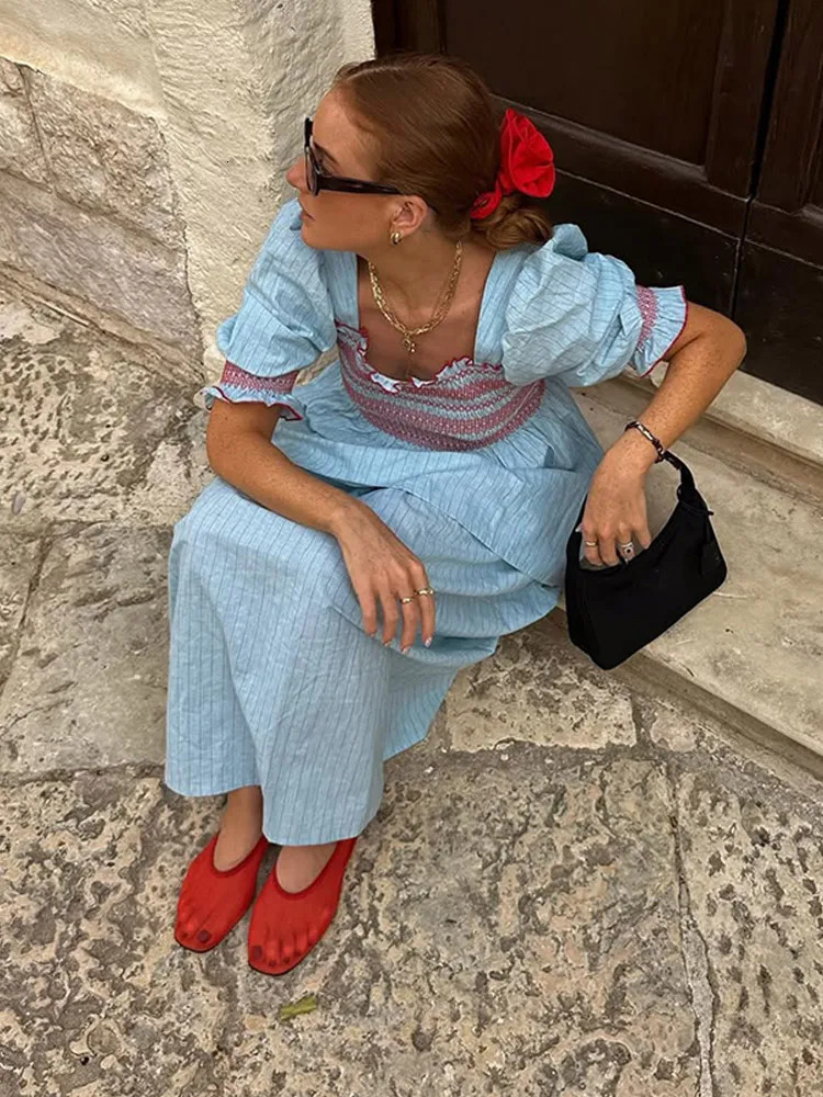 Fashion Stripe Puff Hem Top Long Skirts Set Women Causal Square Neck Short Sleeve Shirts Suit Female High Streetwear 250220