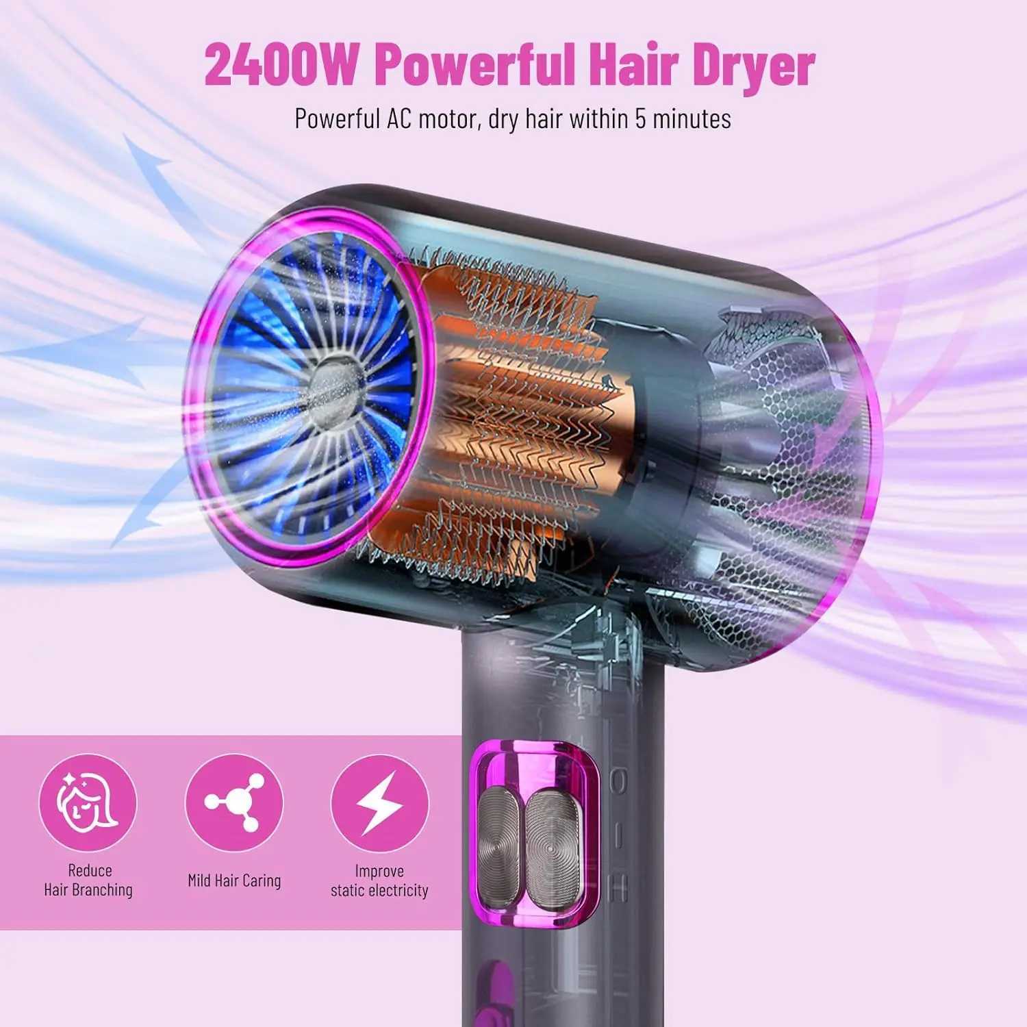 2000W Hair Dryer Salon Hair Dryer with Hot and Cold Buttons Ionic Hair Dryer with Diffuser and Styling Nozzle W250220