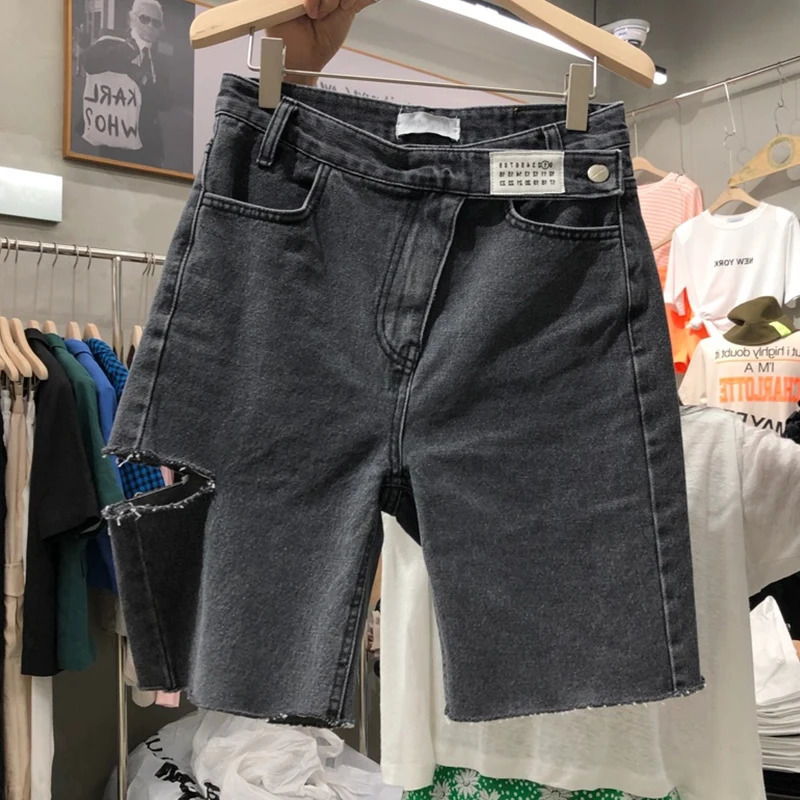 Big hole denim shorts summer womens clothing chic high waist five point casual straight leg short trend 250219