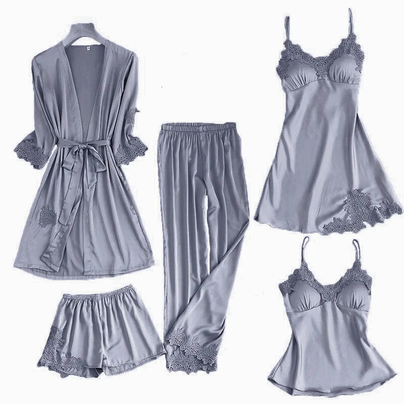 Satin Lace Pyjamas Set Women Strap Top Shorts Sleep Suit Spring Pyjamas Sleepwear Home Wear Nightwear Robe Gown Loungewear 250219