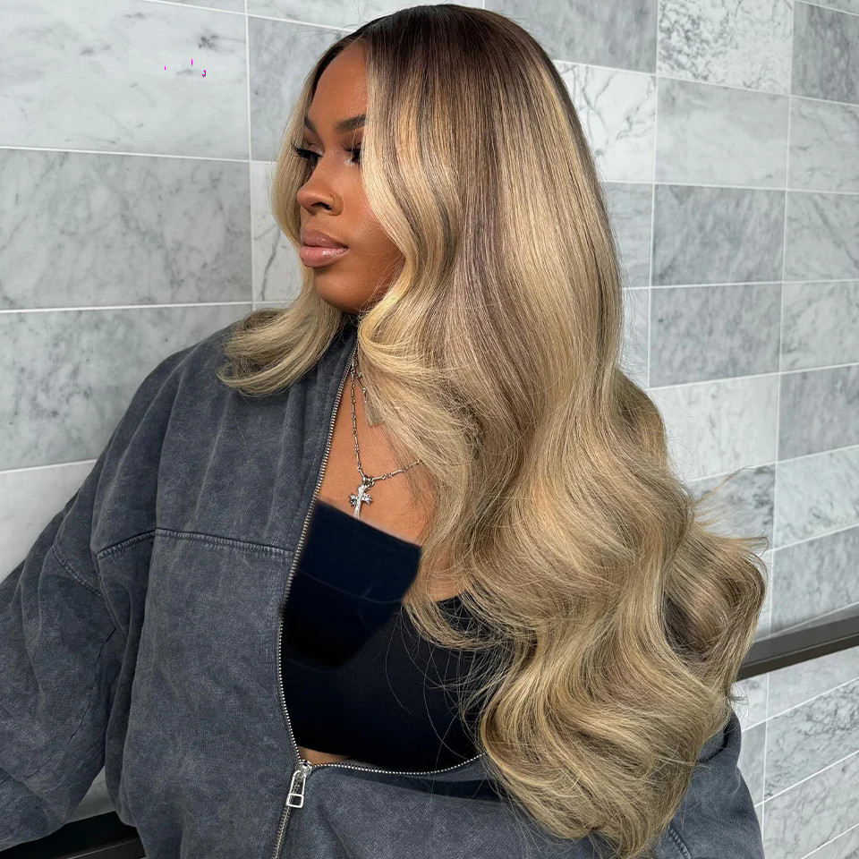 HD Ash Blonde Highlight Lace Front Wigs Human Hair heavy density Body Wave Lace Frontal Wigs Pre Plucked For Women 180%