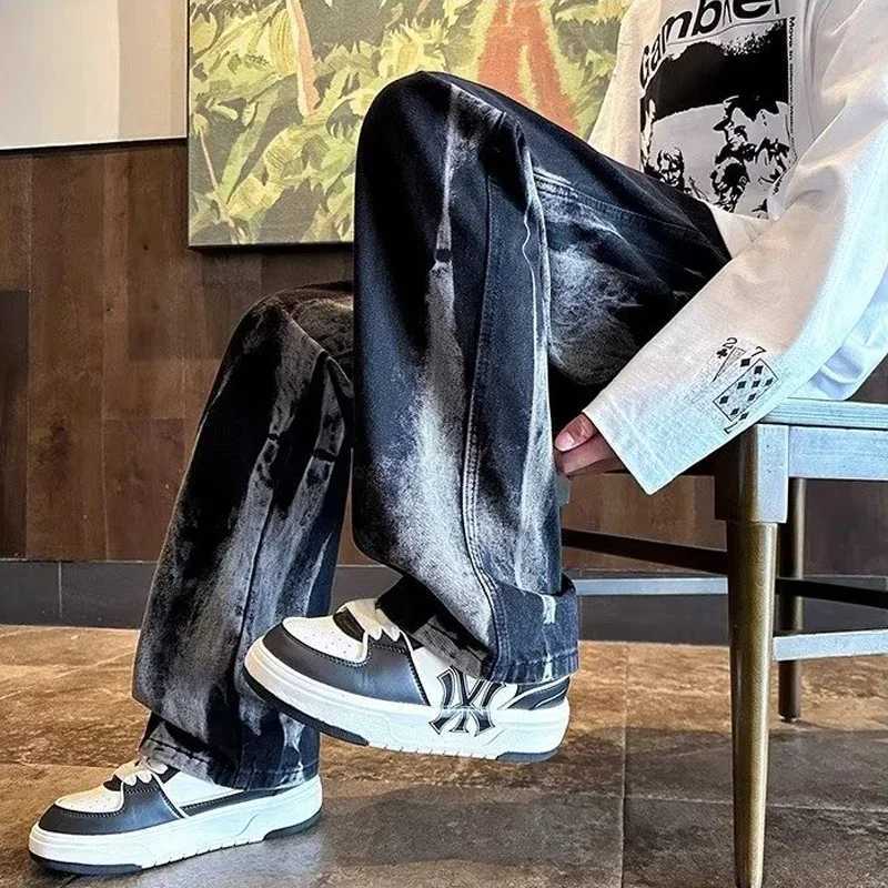 American Goth Black Tie-dye Jeans For Men Hip Hop Fashion Gradient Wide-leg Denim Pants 2025 New Y2K Vintage Baggy Jean Hombre X250220