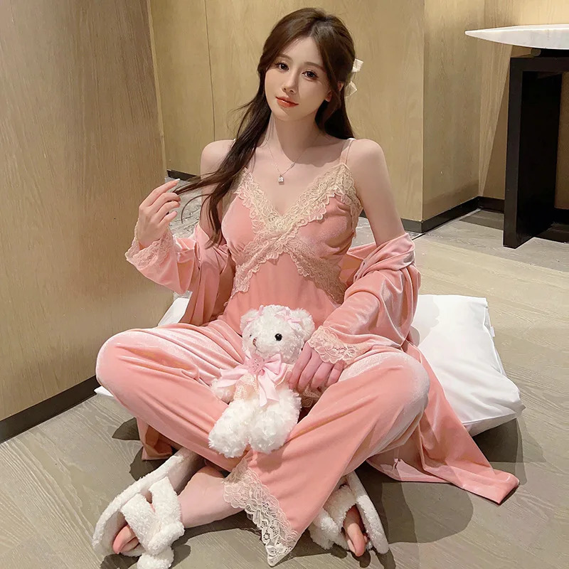 Long-sleeved Trousers Home Dress Pajama for Women Three Piece Pajama Set Women Spring Autumn Winter Sweet Lace Lashing Cardigan 250219