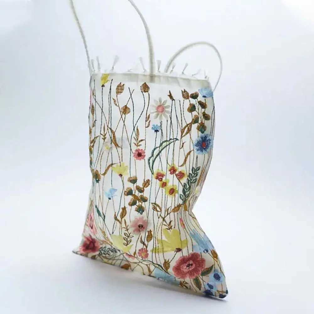 Camellia Flower Embroidery Cloth Bag Lace Large Capacity Canvas Shoulder Bag Grocery Handbags Storage Bag Ethnic Style Bag Women Z250219